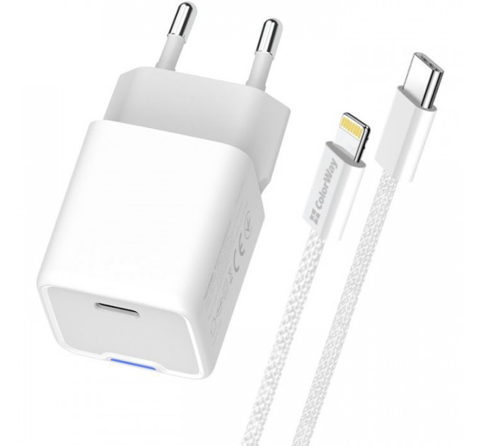 Зарядний пристрій ColorWay C101D GaN Mini 20W PD PPS USB-C + cable USB-C to Lightning white (CW-CHS059PDL-WT)