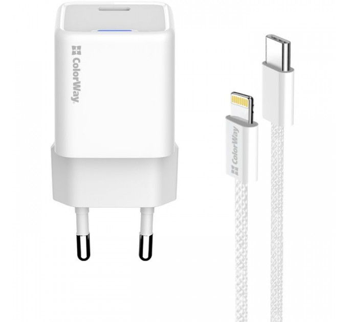 Зарядний пристрій ColorWay C101D GaN Mini 20W PD PPS USB-C + cable USB-C to Lightning white (CW-CHS059PDL-WT)