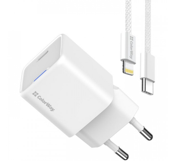 Зарядний пристрій ColorWay C101D GaN Mini 20W PD PPS USB-C + cable USB-C to Lightning white (CW-CHS059PDL-WT)
