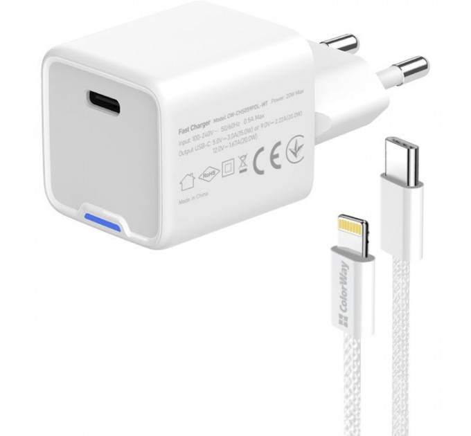 Зарядний пристрій ColorWay C101D GaN Mini 20W PD PPS USB-C + cable USB-C to Lightning white (CW-CHS059PDL-WT)