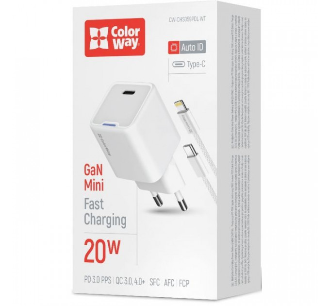 Зарядний пристрій ColorWay C101D GaN Mini 20W PD PPS USB-C + cable USB-C to Lightning white (CW-CHS059PDL-WT)