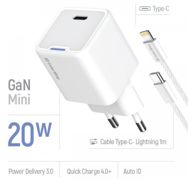 Зарядний пристрій ColorWay C101D GaN Mini 20W PD PPS USB-C + cable USB-C to Lightning white (CW-CHS059PDL-WT)