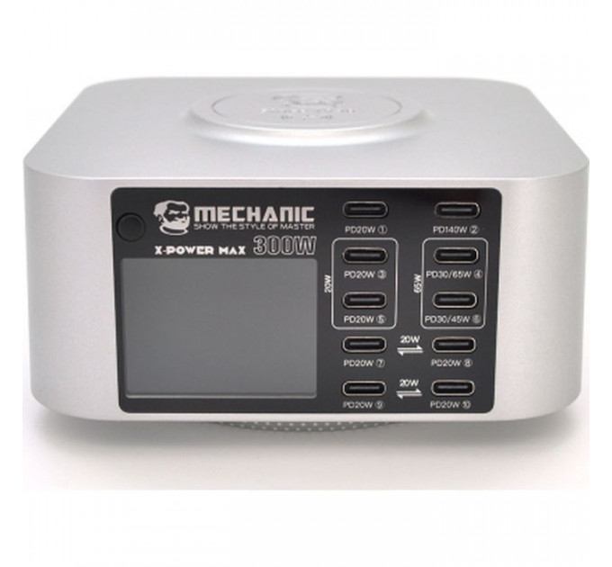 Зарядний пристрій MECHANIC 10xUSB-C PD + Wireless Charging 15W LED indication 300W black (X-Power Max)