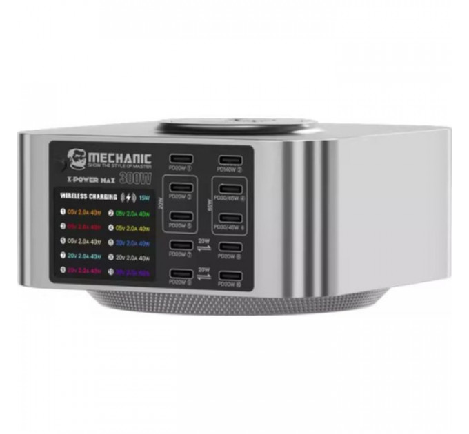 Зарядний пристрій MECHANIC 10xUSB-C PD + Wireless Charging 15W LED indication 300W black (X-Power Max)