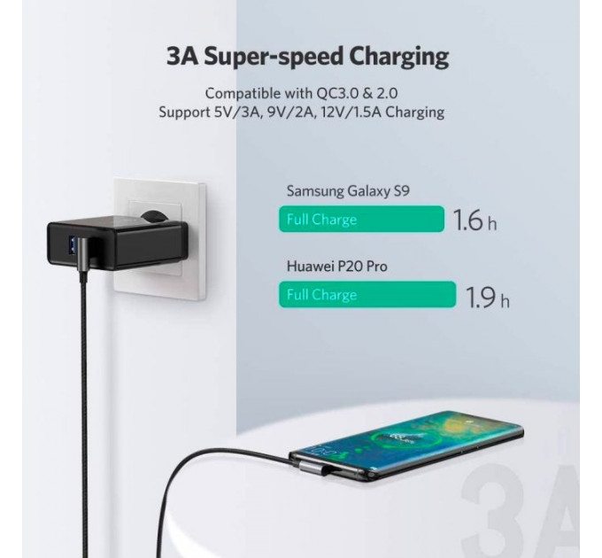 Дата кабеля USB 2.0 AM to USB-C 3.0m 3A 90° corner US176 black Ugreen (70875)