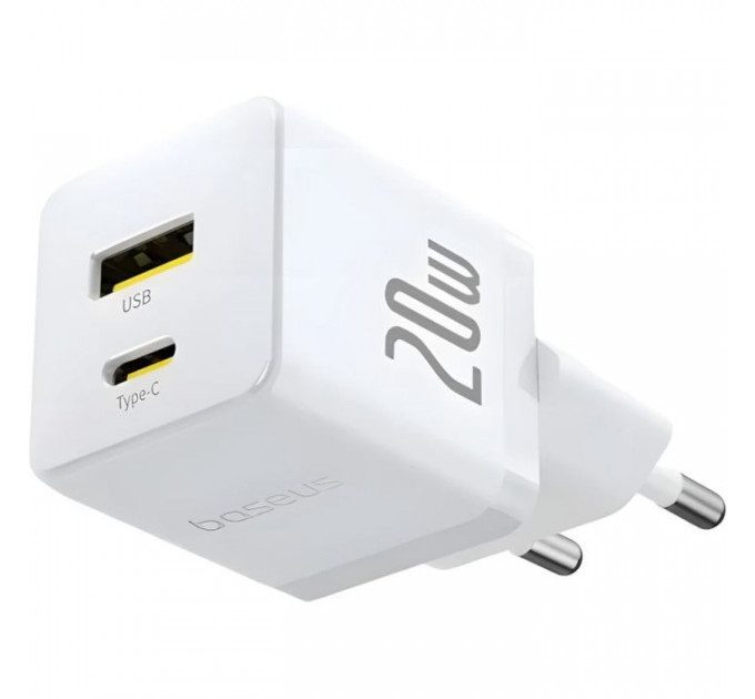 Зарядний пристрій Baseus 1xUSB-C 20W + 1xUSB white + cable USB-C to USB-C 60W 1.0m (P10111608213-01)