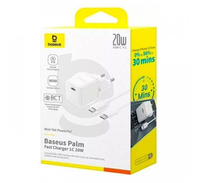 Зарядний пристрій Baseus 1xUSB-C 20W + 1xUSB white + cable USB-C to USB-C 60W 1.0m (P10111608213-01)