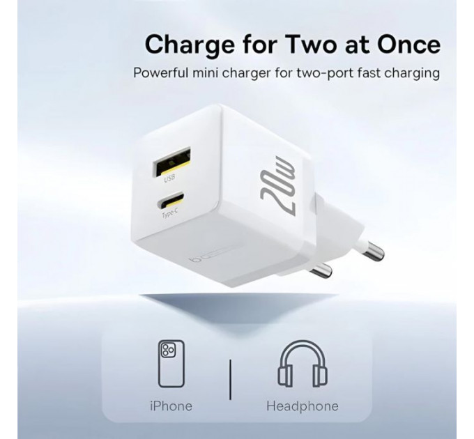 Зарядний пристрій Baseus 1xUSB-C 20W + 1xUSB white + cable USB-C to USB-C 60W 1.0m (P10111608213-01)