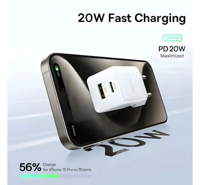 Зарядний пристрій Baseus 1xUSB-C 20W + 1xUSB white + cable USB-C to USB-C 60W 1.0m (P10111608213-01)