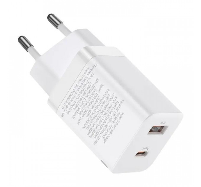 Зарядний пристрій Baseus 1xUSB-C 30W + 1xUSB white (CCSUPP-E02)