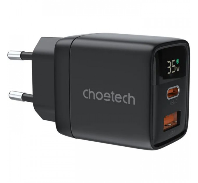 Зарядний пристрій Choetech 1xUSB + 1xUSB-C PD35W with display black (PD6052-EU-BK)