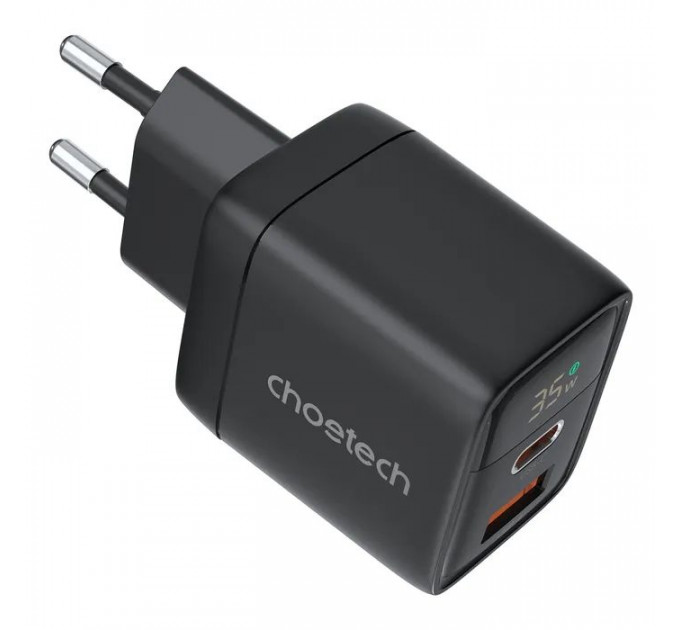 Зарядний пристрій Choetech 1xUSB + 1xUSB-C PD35W with display black (PD6052-EU-BK)