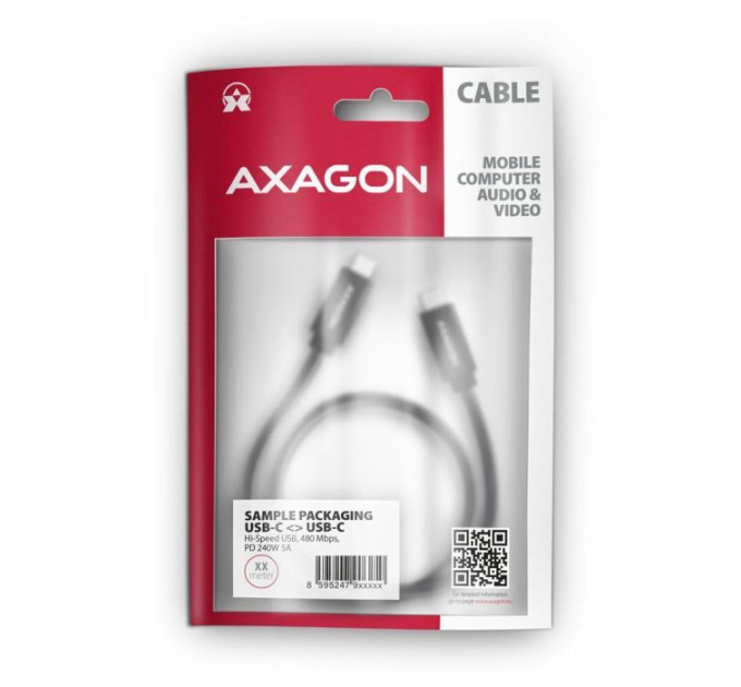 Дата кабель USB-C to USB-C 1.0m USB 2.0 PD 240W 5A black AXAGON (BUCM2-CM10AB)