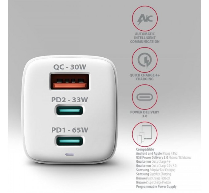 Зарядное устройство для AXAGON 1xUSB + 2xUSB-C 65W QC4+ PD3.0 PPS white (ACU-DPQ65W)