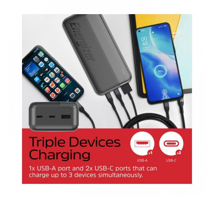 Батарея універсальна Energizer 30000mAh 15W 3A, USB-А, 2хUSB-C Black (UE30050CC)