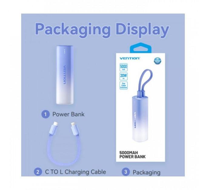 Батарея універсальна VENTION 5000mAh 20W PD, USB-C In\/Out, Lightning In\/Out, with cable, Gradient Blue (FHWL0)