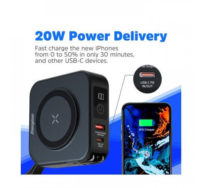 Батарея універсальна Energizer Magnetic Wireless 10000mAh 20W PD, AC зарядка, QI\/15W, built-in USB-C (QM10001AC)