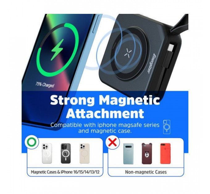 Батарея універсальна Energizer Magnetic Wireless 10000mAh 20W PD, AC зарядка, QI\/15W, built-in USB-C (QM10001AC)