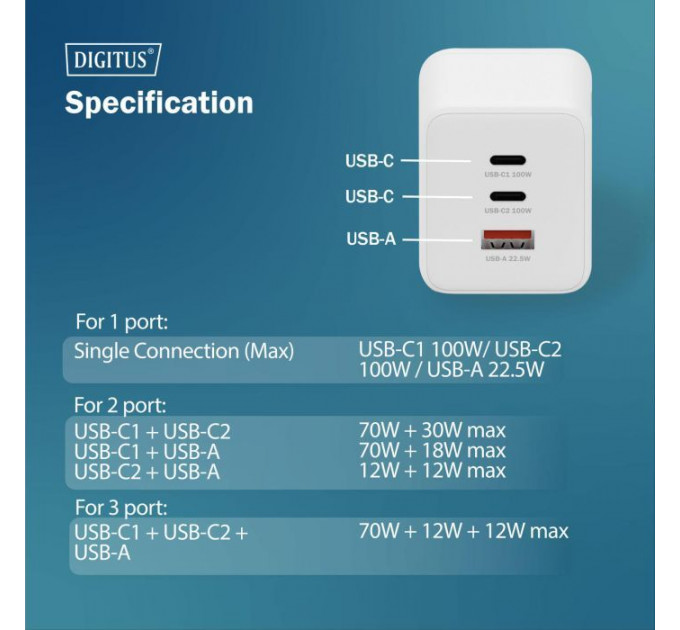 Зарядний пристрій Digitus 2xUSB-C + 1xUSB-A GaN 100W (DA-10304)