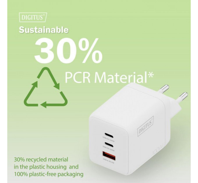 Зарядний пристрій Digitus 2xUSB-C + 1xUSB-A GaN 100W (DA-10304)
