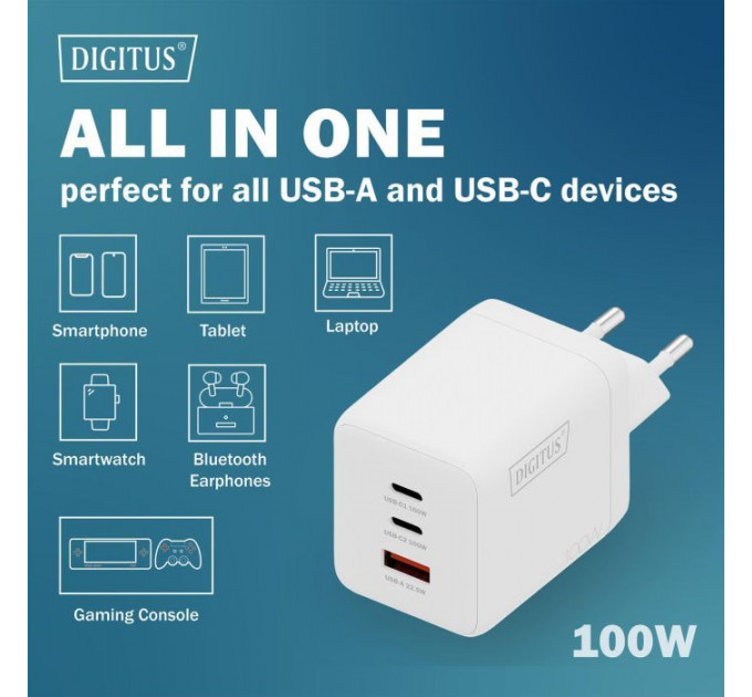 Зарядний пристрій Digitus 2xUSB-C + 1xUSB-A GaN 100W (DA-10304)