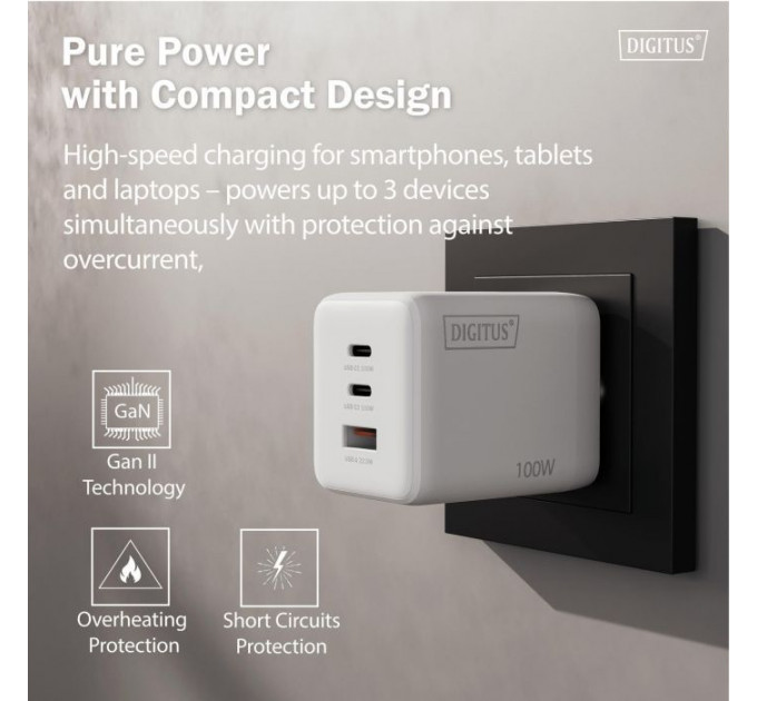Зарядний пристрій Digitus 2xUSB-C + 1xUSB-A GaN 100W (DA-10304)