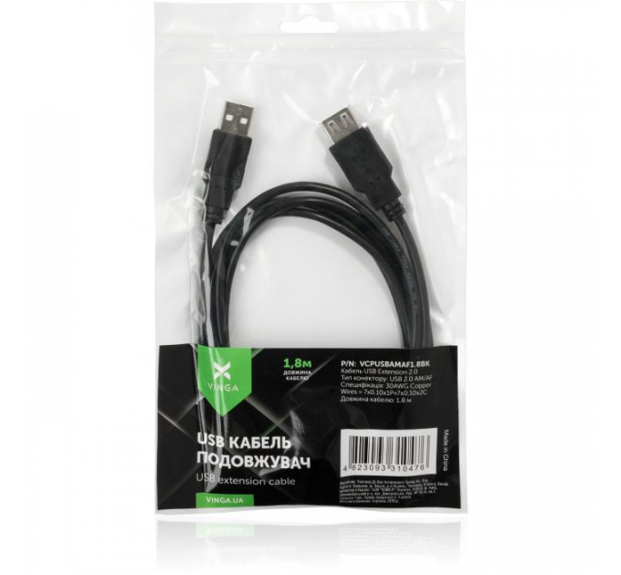 Дата кабель USB 2.0 AM\/AF 1.8m Vinga (VCPUSBAMAF1.8BK)
