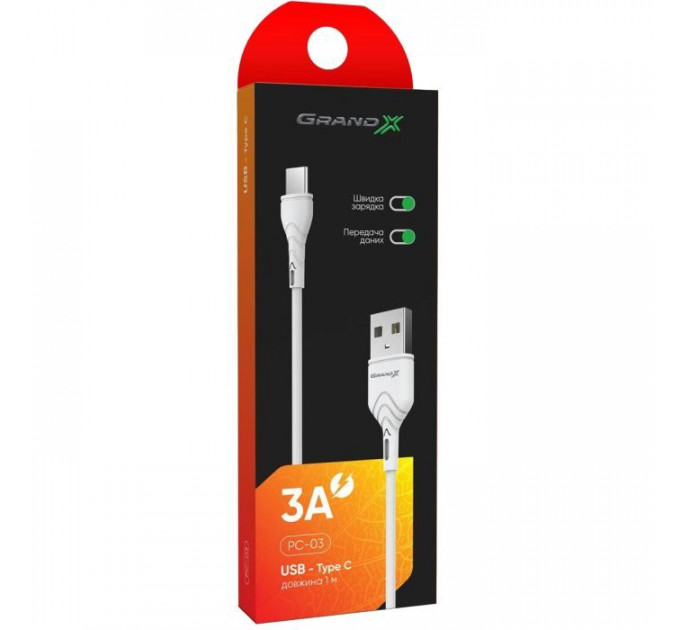 Дата кабеля USB 2.0 AM to USB-C 1.0m White Grand-X (PC-03W)