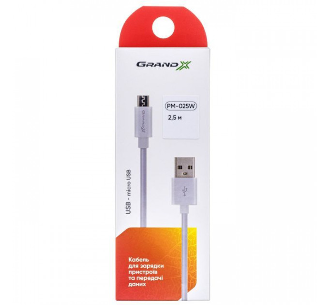 Дата кабеля USB 2.0 AM to Micro 5P 2.5m white Grand-X (PM025W)