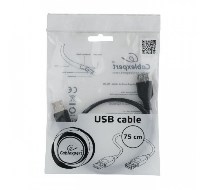Дата кабель USB 2.0 AM\/AF 0.75m Cablexpert (CC-USB2-AMAF-75CM\/300-BK)