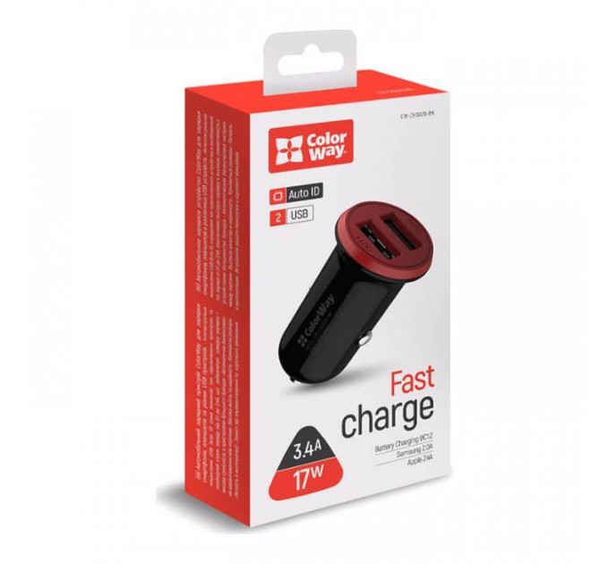 Зарядний пристрій ColorWay 2USB AUTO ID 3.4A (17W) red\/black (CW-CHA026-BK)