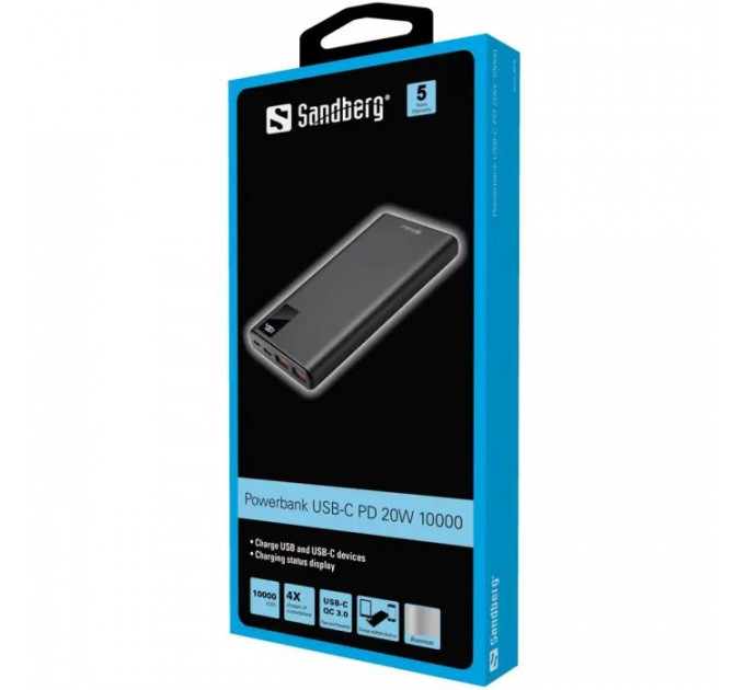 Батарея универсальная Sandberg 10000mAh, PD/20W, QC3.0, USB Type-C, USB-A*2 (420-58)
