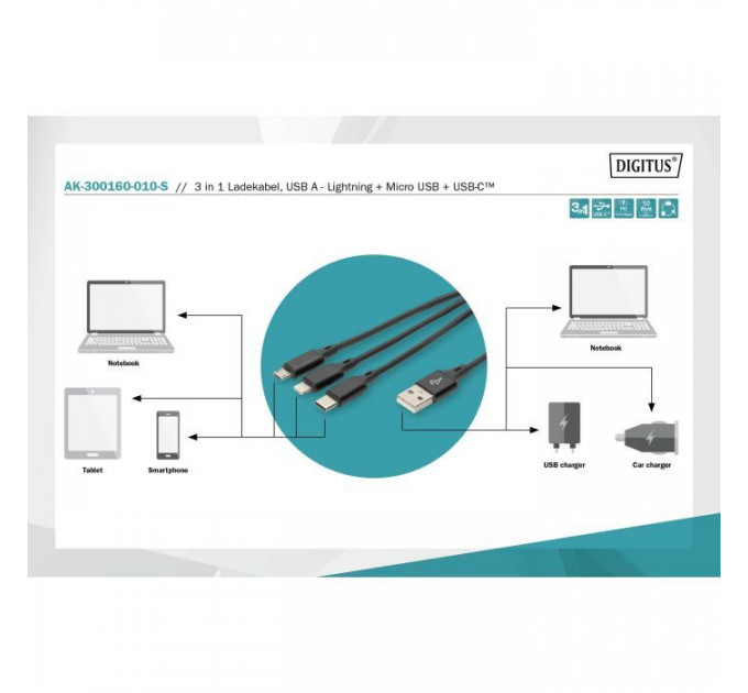 Дата кабель USB 2.0 AM to Lightning + Micro 5P + USB-C 1.0m charge only Digitus (AK-300160-010-S)