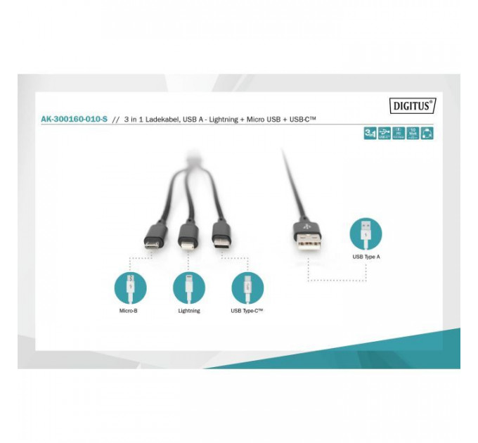 Дата кабель USB 2.0 AM to Lightning + Micro 5P + USB-C 1.0m charge only Digitus (AK-300160-010-S)