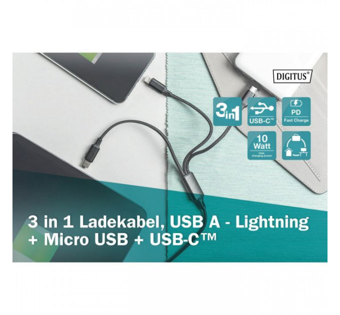 Дата кабель USB 2.0 AM to Lightning + Micro 5P + USB-C 1.0m charge only Digitus (AK-300160-010-S)