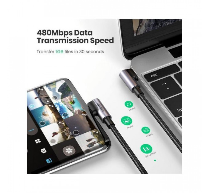 Дата кабель USB-C to USB-C 2.0m 3A 60W US323 90-degree Black Ugreen (70531)