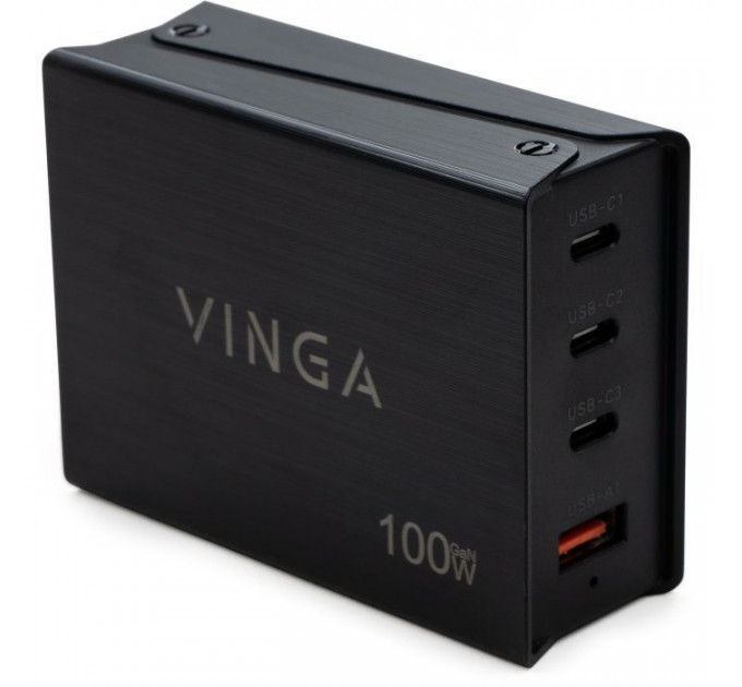 Зарядное устройство Vinga GaN 100W PD+QC 3C1A ports 1.2m Wired Charger (VCPCH100CB)