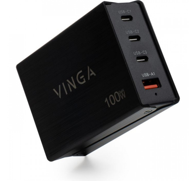 Зарядное устройство Vinga GaN 100W PD+QC 3C1A ports 1.2m Wired Charger (VCPCH100CB)