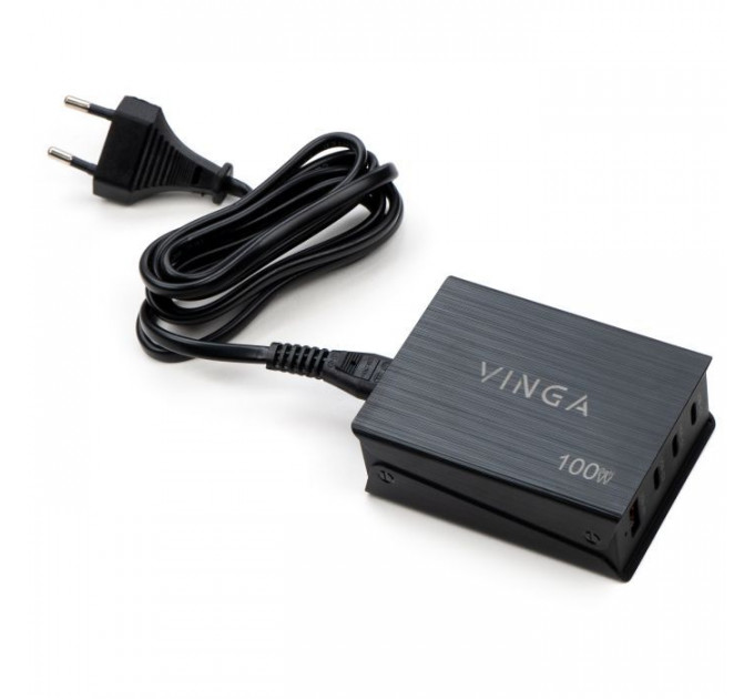 Зарядное устройство Vinga GaN 100W PD+QC 3C1A ports 1.2m Wired Charger (VCPCH100CB)