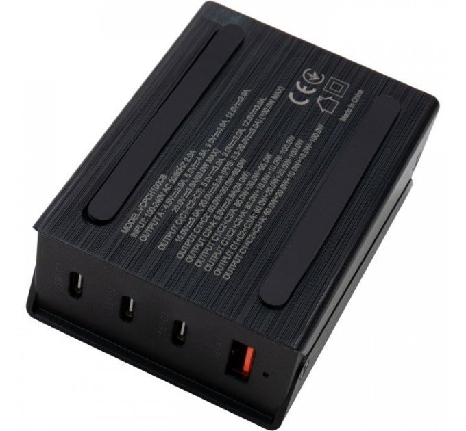 Зарядное устройство Vinga GaN 100W PD+QC 3C1A ports 1.2m Wired Charger (VCPCH100CB)
