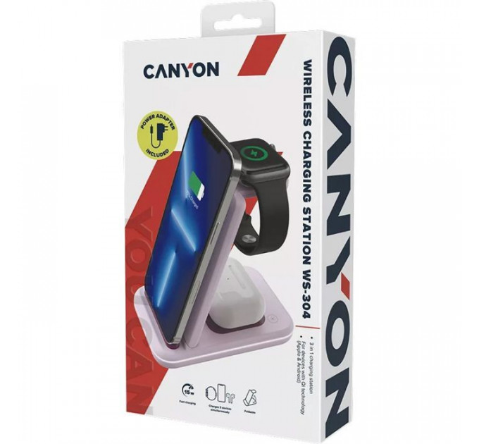 Зарядное устройство для Canyon WS-304 Foldable 3in1 Wireless charger Iced Pink (CNS-WCS304IP)