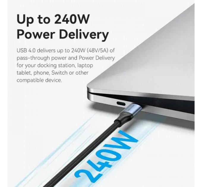 Дата кабель USB-C to USB-C 1.0m Thunderbolt 4 240W (50V\/5A) 8K60Hz Gray Aluminum Alloy VENTION (TAVHF)