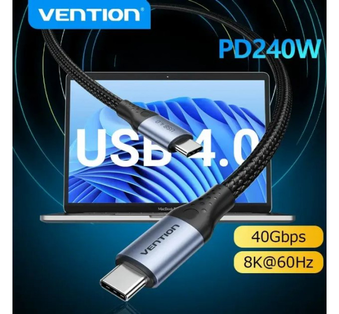 Дата кабель USB-C to USB-C 1.0m Thunderbolt 4 240W (50V\/5A) 8K60Hz Gray Aluminum Alloy VENTION (TAVHF)