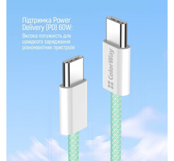 Дата кабель USB-C to USB-C 1.0m 60W 3.0А green ColorWay (CW-CBPDCC061-G)