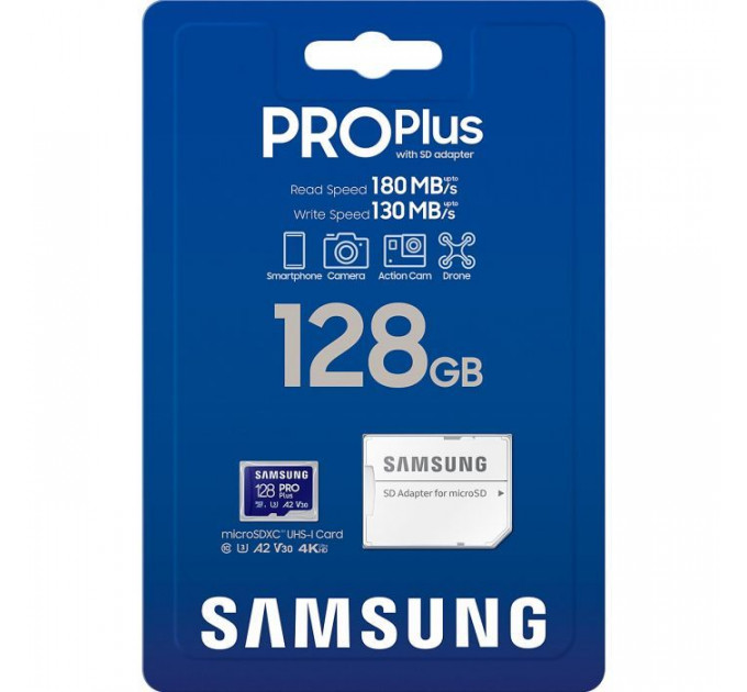 Карта памяти Samsung 128 GB microSDXC Pro Plus UHS-I U3 V30 A2 Class 10 + SD-adapter (MB-MD128SA\/EU)