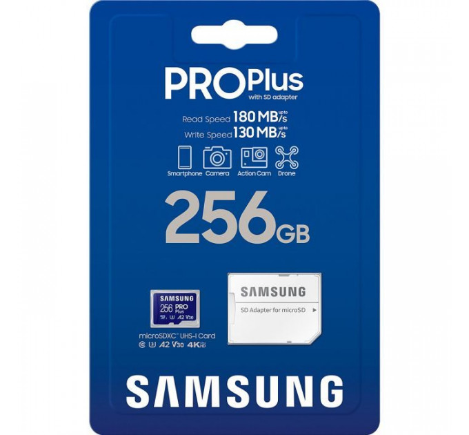 Карта памяти Samsung 256 GB microSDXC Pro UHS-I U3 V30 A2 Class 10 + SD-adap (MB-MD256SA\/EU)