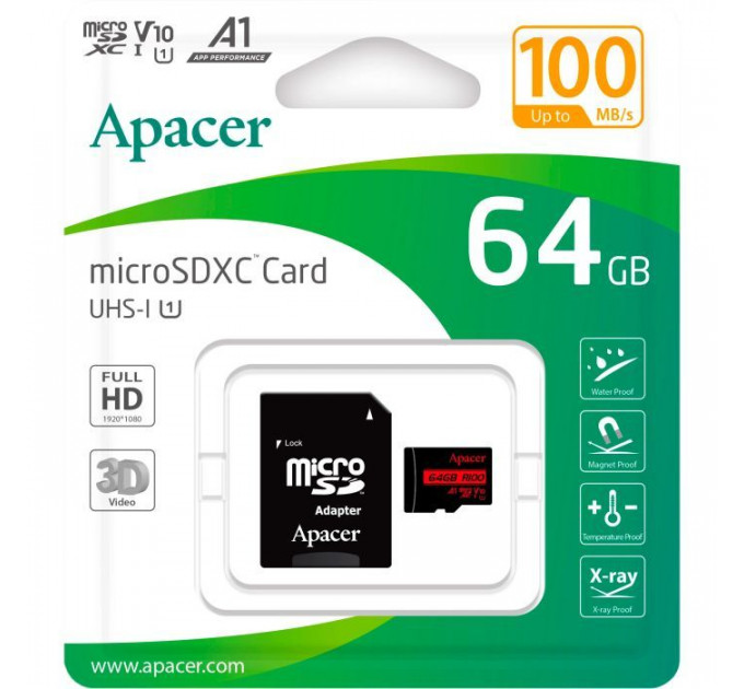 Карта пам/'яті Apacer 64GB microSD class 10 UHS-I V10 A1 (AP64GMCSX10UB-R)
