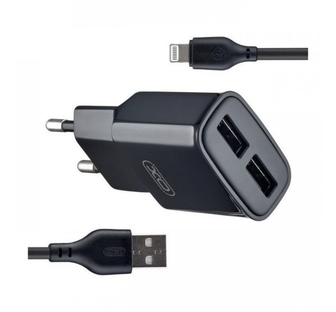 Зарядний пристрій XO L92C (2USB\/2.4A) + USB - Lightning Чорний (XO-L92C-L)