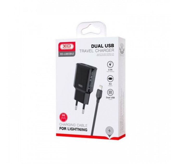 Зарядний пристрій XO L92C (2USB\/2.4A) + USB - Lightning Чорний (XO-L92C-L)