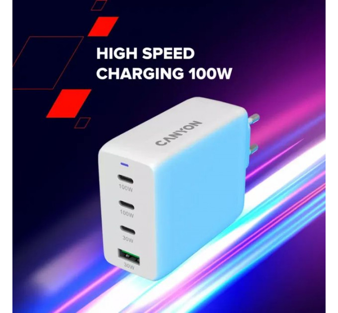 Зарядний пристрій Canyon CU100ACC GaN 100W 3xPD 1xQC EU White (CNS-CUW100ACC)